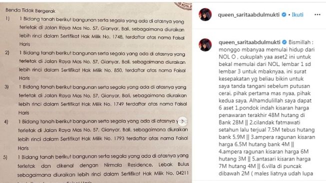 Sarita Abdul Mukti beberkan pembagian harga gono gini dengan mantan suaminya, Faisal Haris [Instagram/queen_saritaabdulmukti]