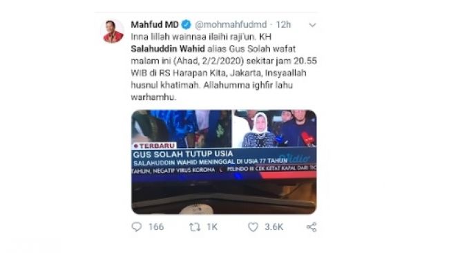 Ucapan duka warganet Gus Sholah. [Twitter]