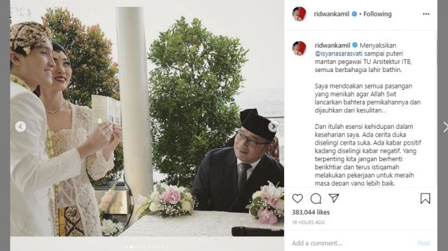 Postingan Ridwan Kamil di pernikahan Isyana. [Instagram]