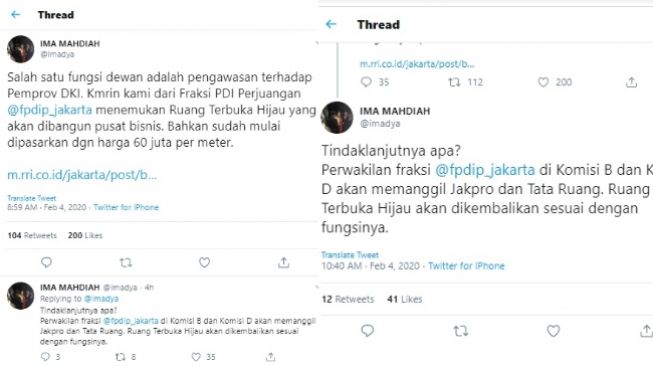 Cuitan Ima Mahdiah soal RTH di Pluit beralih fungsi (twitter @imadya)