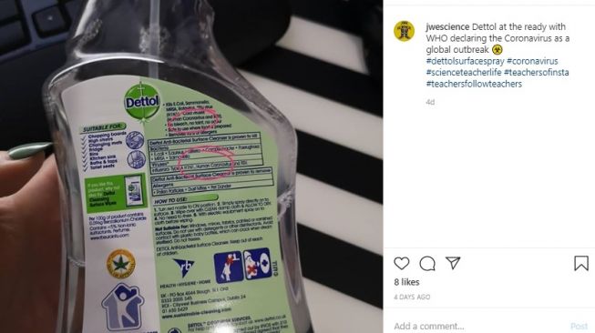 Dettol Surface Cleanser Spray diduga bisa membunuh virus corona (Instagram/@jwescience)