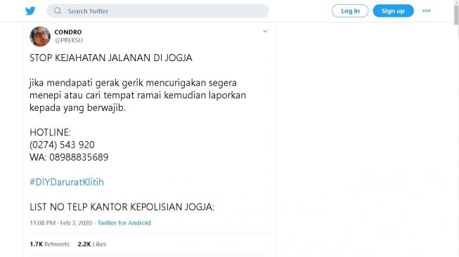 Nomor telepon kantor polisi yang bisa dihubungi untuk melawan klitih di Jogja - (Twitter/@PREKSU)