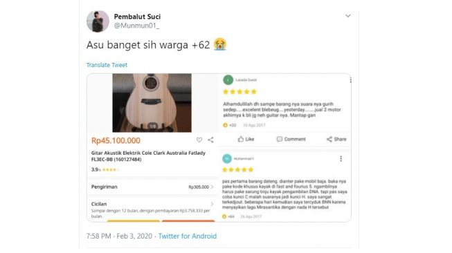 Postingan warganet review gitar. [Twitter]