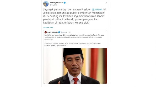 Gus Nadir tidak paham dengan pernyataan Presiden Jokowi terkait pemulangan WNI eks ISIS (twitter @na_dirs)