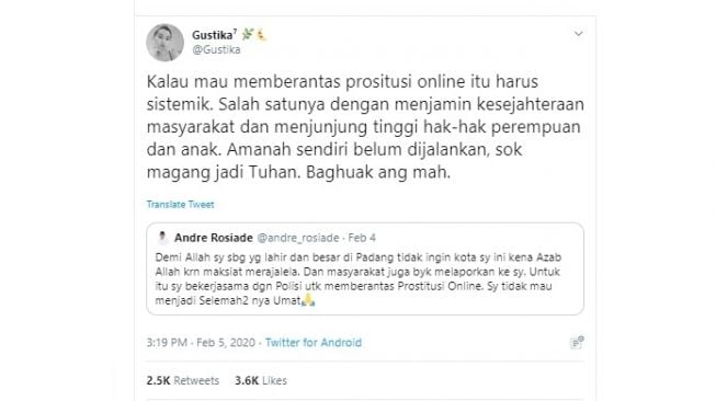 Kritik Pedas Gustika ke Andre Rosiade (twitter @gustika)