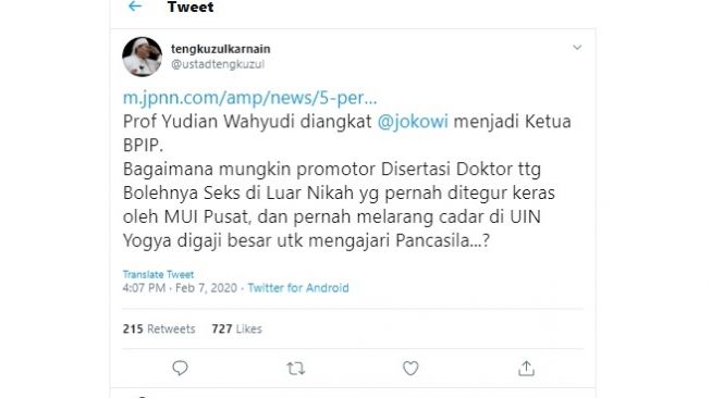 Tengku Zulkarnain pertanyakan pengangkatan Yudian Wahyudi jadi Kepala BPIP (twitter @ustadtengkuzul)