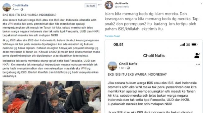 Cholil Nafis MUI tidak setuju WNI Eks ISIS dipulangkan (FB dan Twitter Cholil Nafis)