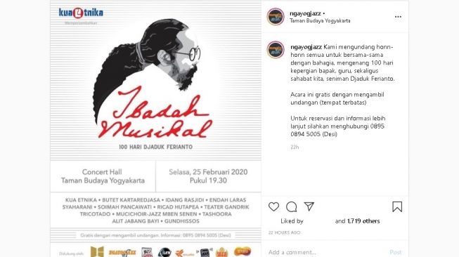 "Ibadah Musik" 100 hari Djaduk Ferianto - (Instagram/@ngayogjazz)