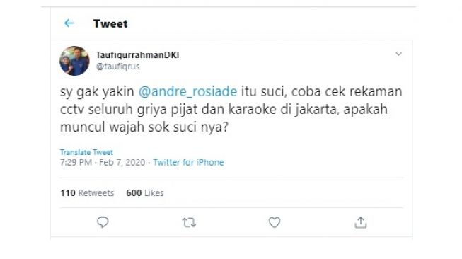 Taufiqurrahman menanggapi skandal penggerebekan PSK oleh Andre Rosiade (twitter @taufiqrus)