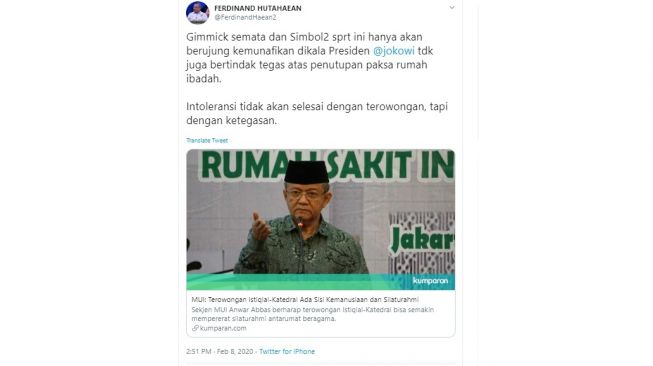 Ferdinand Hutahaean Tolak Jokowi Bangun Terowongan Silaturahmi Istiqlal-Katedral (twitter @FerdinandHaean2)