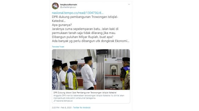 Tengku Zulkarnain Tolak Jokowi Bangun Terowongan Silaturahmi Istiqlal-Katedral (twitter @ustadtengkuzul)