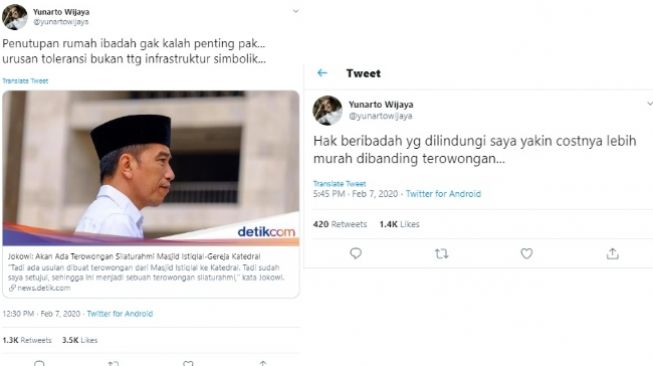 Yunarto Wijaya tidak setuju Jokowi bangun Terowongan Silaturahmi Istiqlal-Katedral (twitter @yunartowijaya)