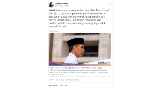 Dandhy Laksono Tolak Jokowi Bangun Terowongan Silaturahmi Istiqlal-Katedral (twitter @Dandhy_Laksono)