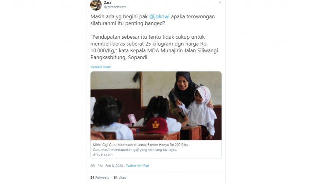 Zara Zettira pertanyakan usulan Jokowi bangun Terowongan Silaturahmi Istiqlal-Katedral (twitter @zarazettirazr)