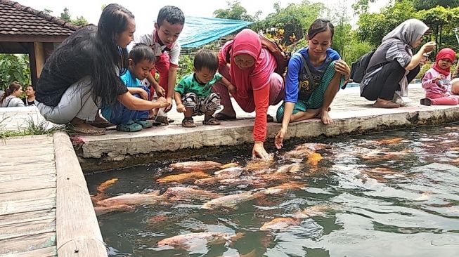 Sejumlah pengunjung memberi makan ikan di irigasi yang terdapat di Kampung Mrican, Kelurahan Giwangan, Kecamatan Umbulharjo, Kota Yogyakarta, Minggu (9/2/2020). - (Suara.com/Baktora)
