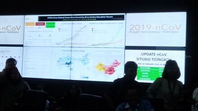 Pusat Informasi Terpadu 2019- nCoV Kantor Staf Presiden (KSP) menggelar video telekonferensi dengan Kedutaan Besar Republik Indonesia (KBRI) Beijing, China, Senin (10/2/2020). (Suara.com/Yosea Arga)