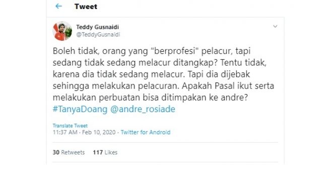 Teddy Gusnaidi  PKPI tanggapi skandal Andre Rosiade gerebek PSK (twitter @TeddyGusnaidi)