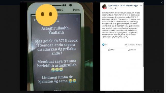 Pelecehan seksual di Desa Selomartani, Kecamatan Kalasan, Kabupaten Sleman dilakukan pengendara sepeda motor berjaket ojol terhadap seorang perempuan, Minggu (9/2/2020) sekitar pukul 20.30 WIB. - (Facebook/Agus Deny)