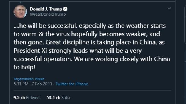 Cuitan Donald Trump tentang virus corona (Twitter/Donald J Trump)