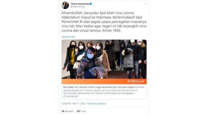 Tifatul Sembiring berterima kasih virus corona belum masuk Indonesia (twitter @tifsembiring)