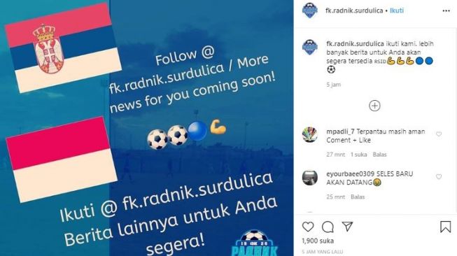 Akun Instagram FK Radnik Surdulica meminta netizen Indonesia untuk follow. (Instagram/@fk.radnik.surdulica).