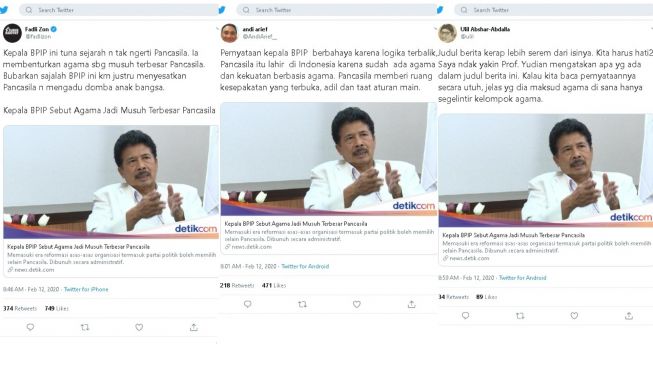 Yudian Wahyudi banjir komentar karena ucapan soal Pancasila dan agama - (Twitter)