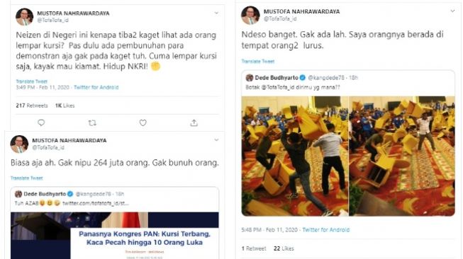 Komentar Mustofa Nahrawardaya soal kericuhan kongres PAN (twitter @TofaTofa_id)