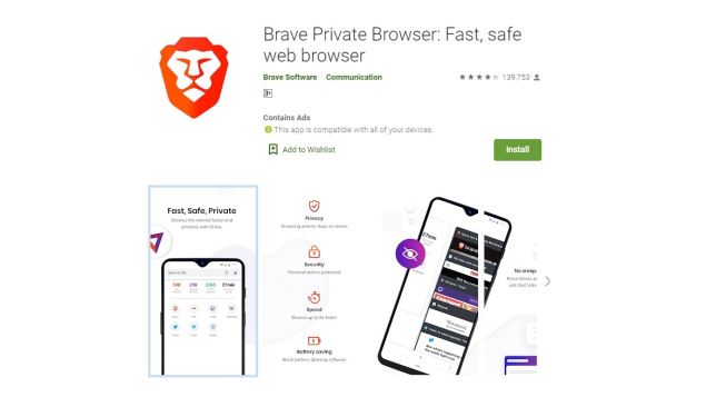 Pemblokir Iklan Terbaik di Android Versi Februari 2020, Brave Private Browser: Fast, safe web browser. [Google Play Store]