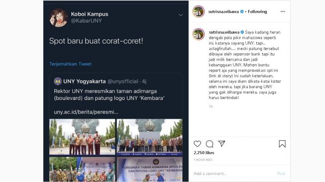 Rektor Sutrisna Wibawa murka Patung Kembara UNY dibilang spot corat-coret - (Instagram/@sutrisna.wibawa)