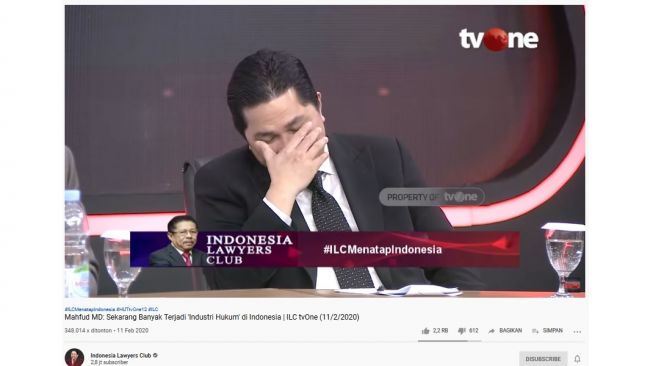 Erick Thohir di acara ILC bertajuk "Menatap Indonesia Ke Depan Lewat ILC" tvOne, Selasa (11/2/2020). (Screenshot Youtube Indonesia Lawyers Club)