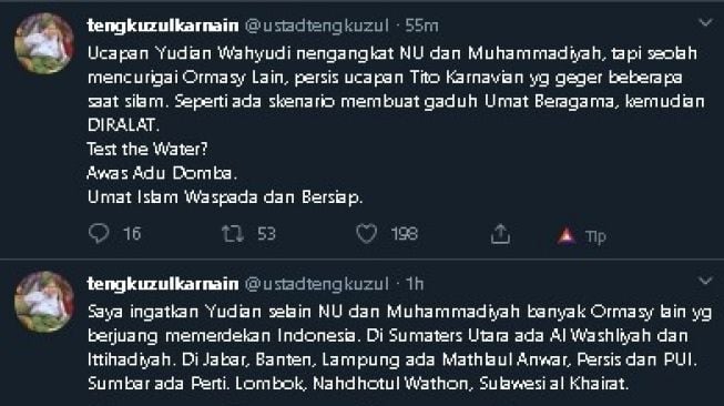 Cuitan Tengku Zul soal polemik Agama dan Pancasila. (Twitter/@ustadtengkuzul)