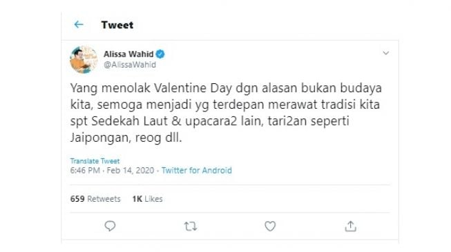 Harapan putri Gus Dur, Alissa Wahid untuk penolak Hari Valentine (twitter @AlissaWahid)