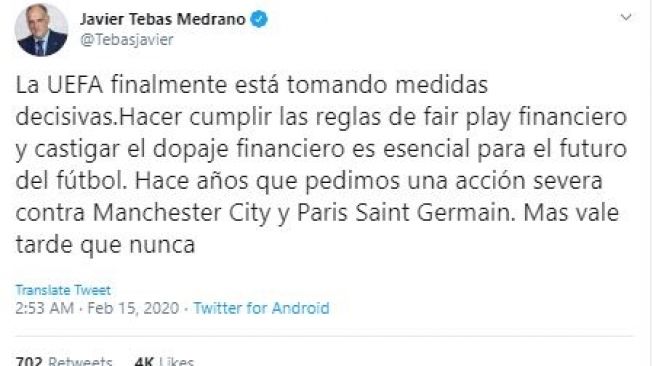 Cuitan Javier Tebas soal hukuman Manchester City. (Twitter/@tebasjavier).