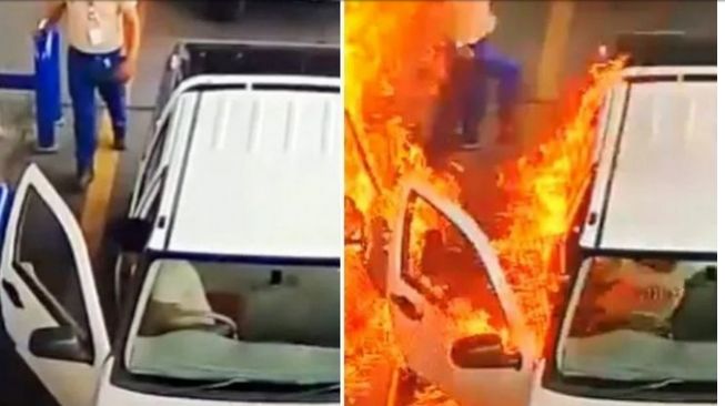 Buka pintu di SPBU mobil terbakar gara-gara listrik statis [screen shot YouTube: Mganum Force].