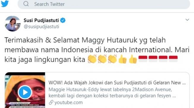 Susi di akun resmi Twitter-nya, @SusiPudjiastuti, seperti dikutip pada Selasa (18/2/2020).