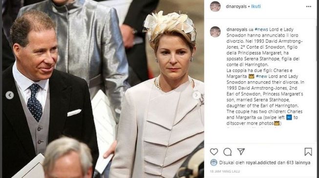 Earl of Snowdon dan istrinya, Serena. (Instagram/@dnaroyals)