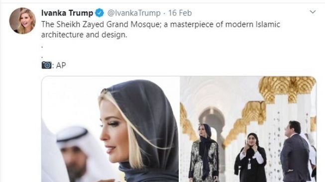 Ivanka Trump pakai kerudung. (Twitter/@IvankaTrump)