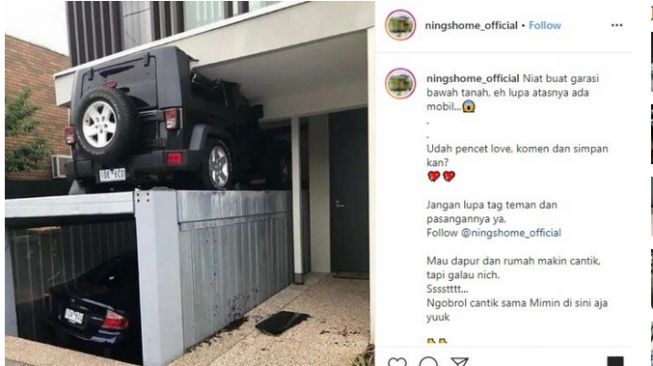 Garasi bawah tanah yang viral membuat mobil ringsek [Instagram: @ningshome_official].