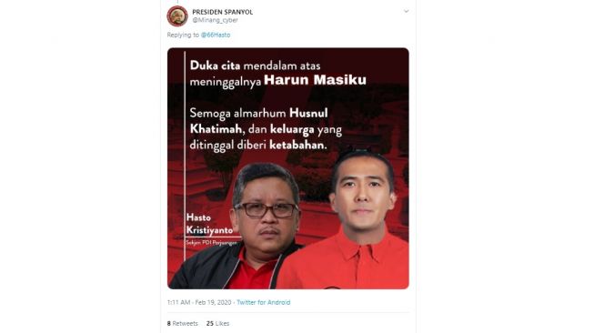Warganet menyunting ucapan duka cita dari Hasto Kristiyanto (twitter/@Minang_cyber)