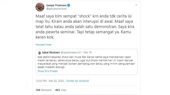 Penjelasan Ganjar Pranowo dapat rapor merah dari demonstran (twitter/@ganjarpranowo)