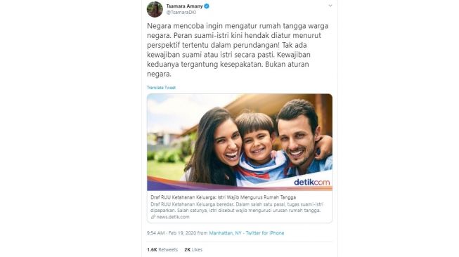 Tsamara Amany tanggapi RUU Ketahanan Keluarga (twitter/@TsamaraDKI)