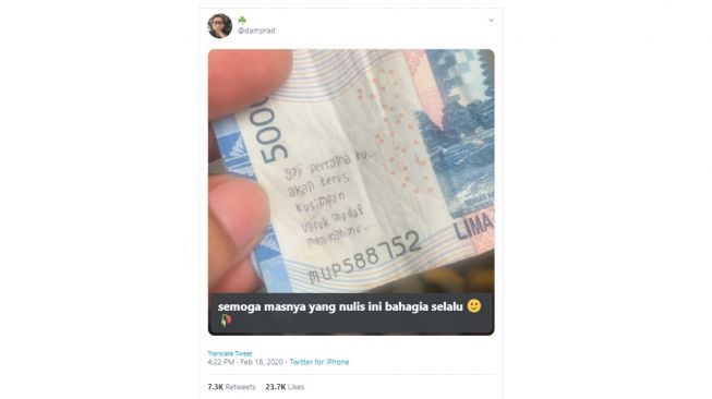 Postingan warganet coretan uang kertas. [Twitter]