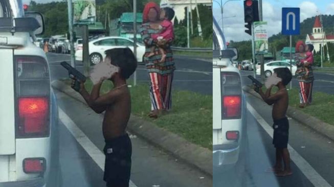 Polisi Tangkap Bocah Mengemis Bawa Pistol Mainan, Fotonya Viral