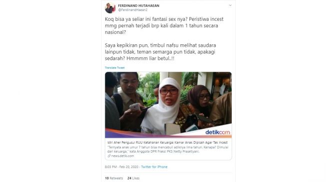 Ferdinand Hutahaean soroti RUU Ketahanan Keluarga yang pisah kamar anak laki-laki dan perempuan (twitter/@FerdinandHaean2)