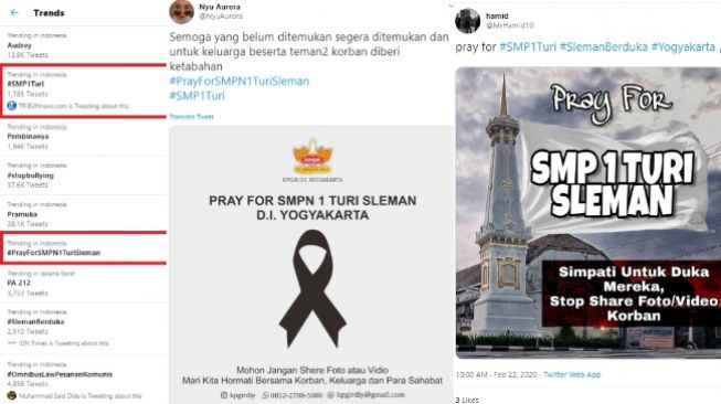 Tagar #PrayForSMPN1TuriSleman trending, warganet kirim doa untuk siswa SMPN 1 Turi yang hanyut (twitter)