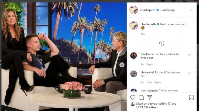 Charlie Puth bersama Jennifer Aniston dan Ellen (Instagram/charlieputh)