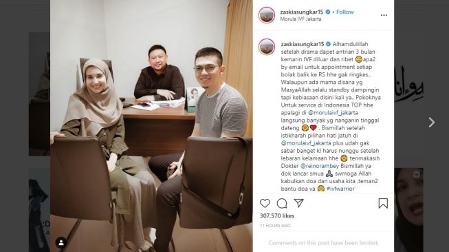 Postingan Zaskia Sungkar kabarkan memilih program bayi tabung. [Instagram]