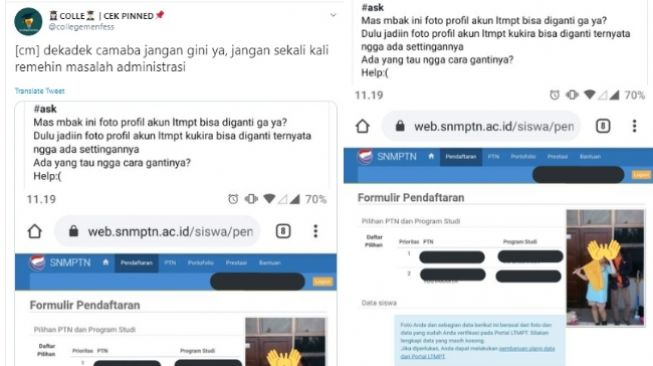 Viral daftar SNMPTN pakai foto tidak resmi (twitter/@collegemenfess)