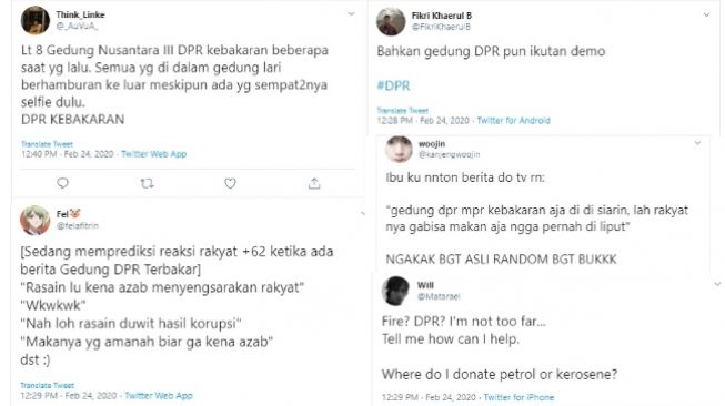 Reaksi warganet dengar kabar Gedung DPR kebakaran (twitter)