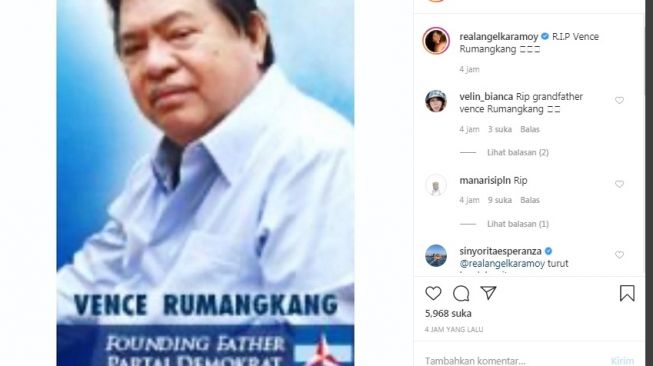 Unggahan Angel Karamoy soal kematian Ventje Rumangkang [Instagram/realangelkaramoy]